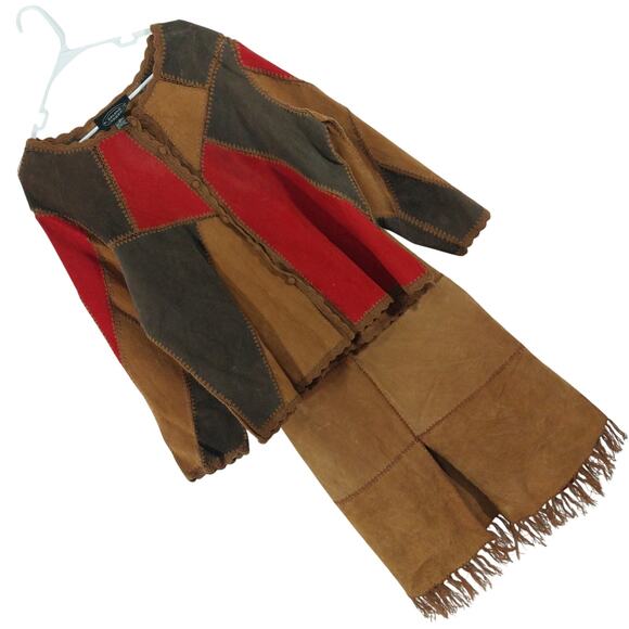 SELENE! GENUINE SUEDE LEATHER! RED, AMBER & BROWN PATCHWORK SKIRT SET! SZ 2X - Picture 1 of 12